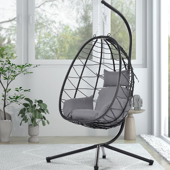 Clearance! Hanging Wicker Egg Chair, Outdoor Patio Hanging Chairs with Stand, UV Resistant Hammock Chair with Comfortable Cushion, Durable Indoor Swing Egg Chair for Bedroom, Garden, Backyard
