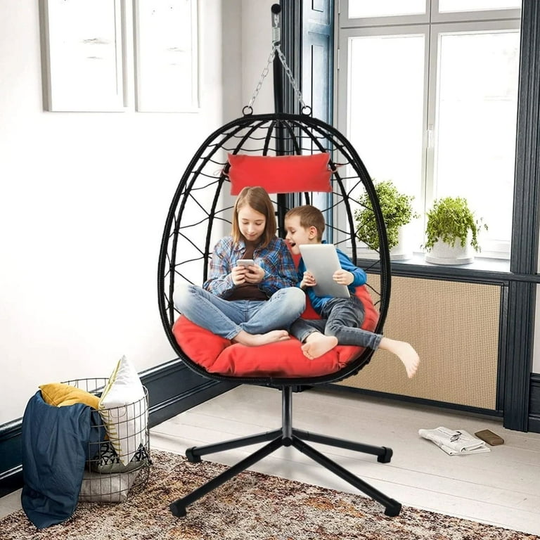 UV Resistant Wicker Hanging Egg Chair with Stand and Cushion