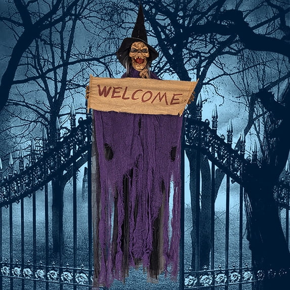 U.S Decorative Home Decoration, Realistic Hanging Skeleton With Witch Hat, Halloween Skeleton Purple, One Size