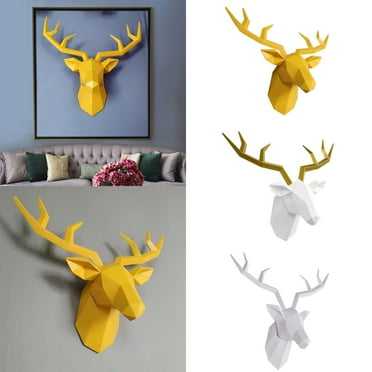 Clearance Hangs under $25 Deer Head Wall Art Geometric Yellow Gold Color Deer Wall Sculpture Handmade Faux Taxidermy Resin Wall Animal Head for Bar Holiday Home Decoration