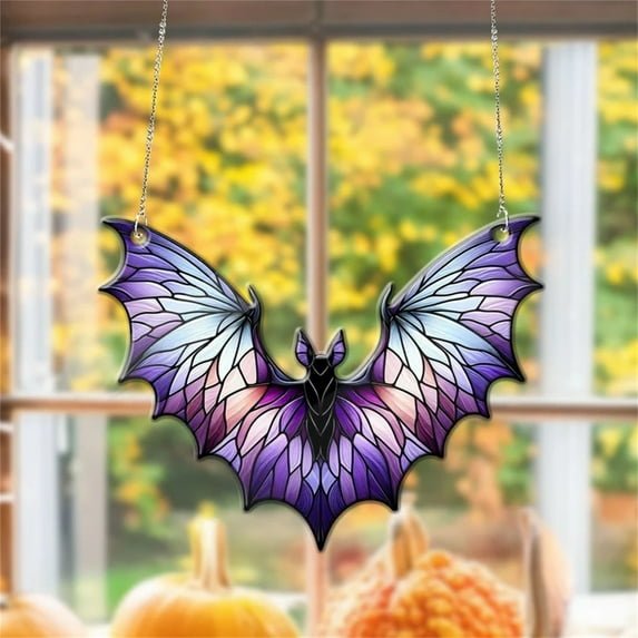 Clearance Hangs under $5,Halloween Bat Stained Glass Suncatcher Window Hanging Acrylic Wall Art Suncatcher Decoration Festival Colorful Bat Home House Venue Arrangement Props 1pc