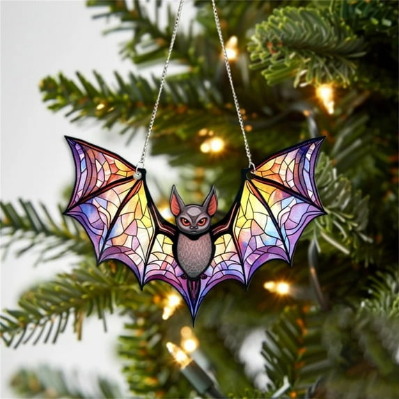 Clearance Hangs under $5,Halloween Bat Stained Glass Suncatcher Window Hanging Acrylic Wall Art Suncatcher Decoration Festival Colorful Bat Home House Venue Arrangement Props 1pc
