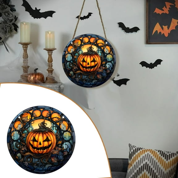 Clearance Hangs under $5,Stained Glass Window Hanging Halloween Evil Pumpkin Orange For Doors Garden Indoor Wall Hanging Colored Decor Room Window Decor Christmas Hanging Ornament For