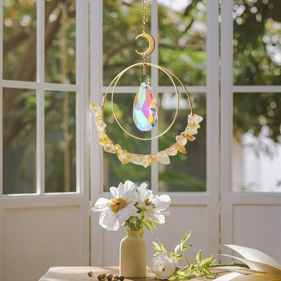 Clearance Hangs under $5,Top Glass Double Rings Moon For Car Chandelier Garden Window Hanging Ornament Rainbow Maker Colorful Home Decor Housewarming Gifts