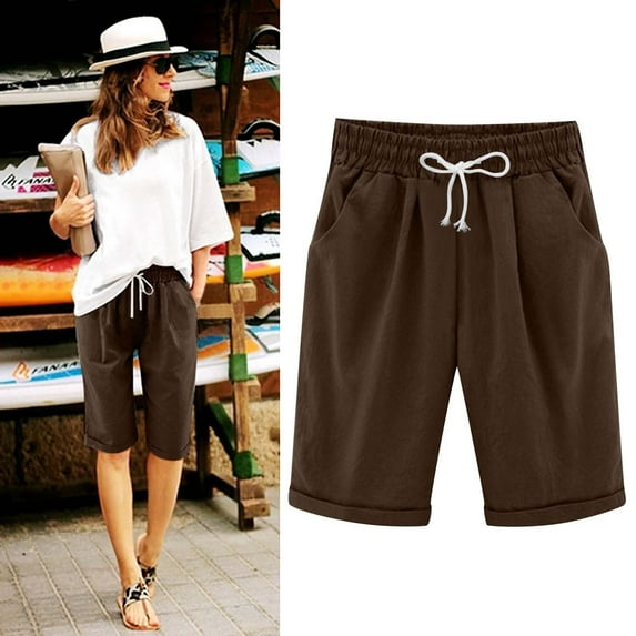 Clearance! Hassda Beach Shorts For Women Women Summer Cotton Pants Plus Size High Waisted Shorts Lacing Beach Workout Pocket Five Point Pants Workout Shorts Women Brown S-4XL