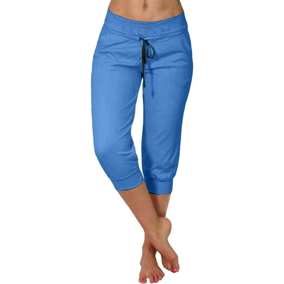 Clearance! Hassda Elastic Waist Pants For Women Summer New Casual Cropped Elastic Pants For Women Fashion Casual Fashion Shorts Trousers Solid Ppants Capri Leggings For Women Blue M