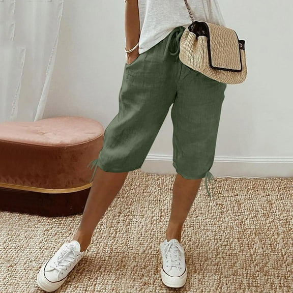 Clearance! Hassda Linen Shorts For Women Women's Knee Length Short Pants Ladies Loose Drawstring Casual Solid Color Shorts Linen Beach Pants Women Womens Capris For Summer Clearance Army Green S-3XL