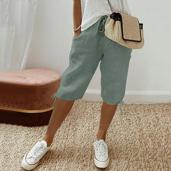 Clearance! Hassda Linen Shorts For Women Women's Knee Length Short Pants Ladies Loose Drawstring Casual Solid Color Shorts Linen Beach Pants Women Womens Capris For Summer Clearance Green S-3XL