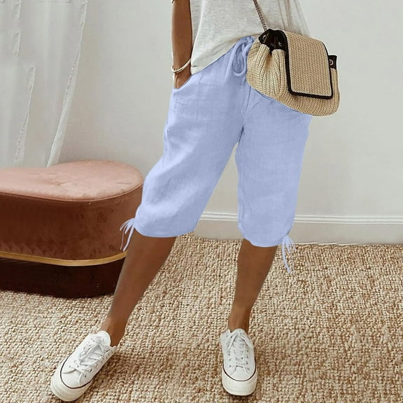 Clearance! Hassda Linen Shorts For Women Women's Knee Length Short Pants Ladies Loose Drawstring Casual Solid Color Shorts Linen Beach Pants Women Womens Capris For Summer Clearance Light Blue S-3XL