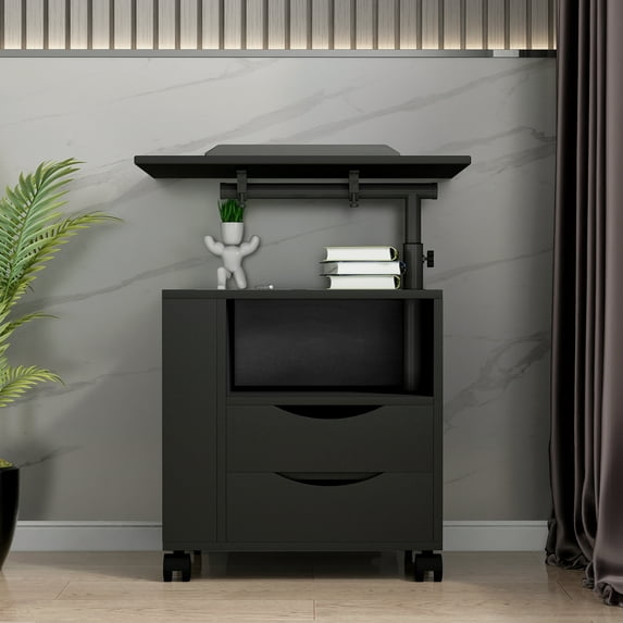 Clearance! Height Adjustable Overbed End Table Wooden Nightstand with Swivel Top, Drawers, Wheels and Open Shelf, Black