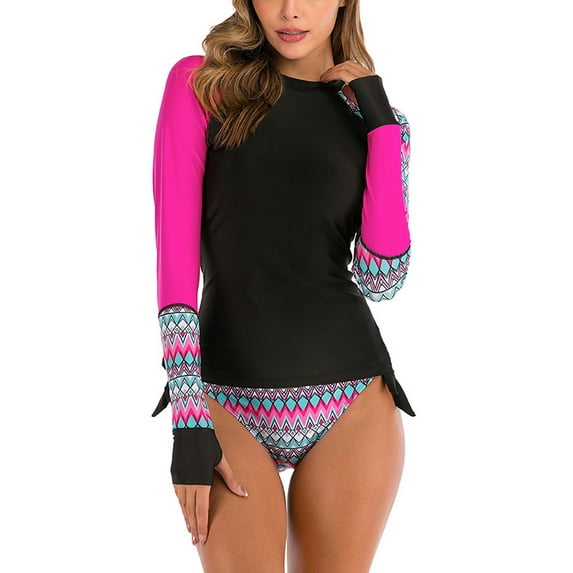 Clearance Herrnalise Two Piece Swimsuit for Women Rash Guard Round-Neck Long Sleeve Floral Printed Beachwear Surfing Swimwear Hot Pink