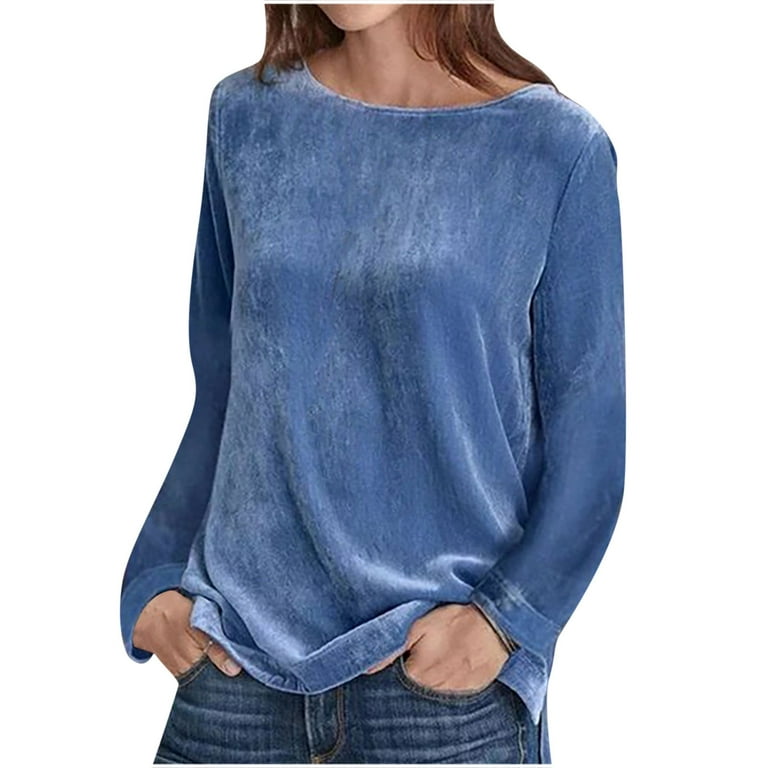 Clearance Hfyihgf Women's Elegant Long Sleeve Tops Round Neck Vintage  Velvet Blouse Velour Pullover Casual Solid Color Tees Shirts(Blue,L)