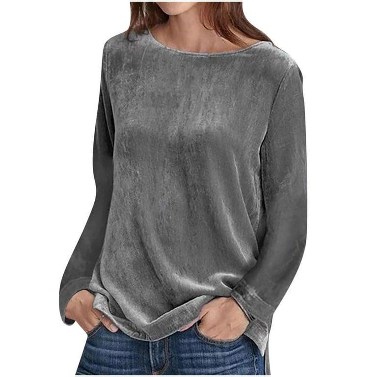 Clearance Hfyihgf Women's Elegant Long Sleeve Tops Round Neck Vintage  Velvet Blouse Velour Pullover Casual Solid Color Tees Shirts(Gray,XXL)