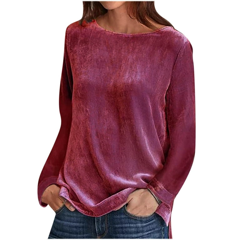 Clearance Hfyihgf Women's Elegant Long Sleeve Tops Round Neck Vintage  Velvet Blouse Velour Pullover Casual Solid Color Tees Shirts(Red,XL)