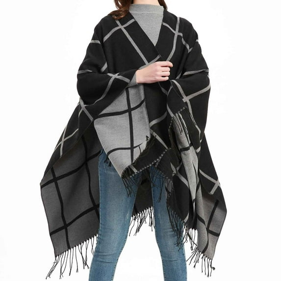 Clearance Hfyihgf Womens Elegant Plaid Tassel Poncho Open Front Blanket Capes Knitted Sweater Cardigan Wraps Shawl for Holiday Gifts Black One Size