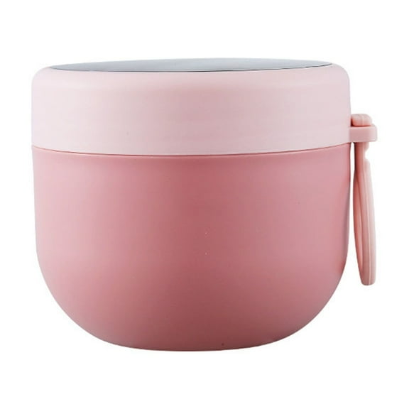 Clearance! Hilingoto Plastic Insulated Oatmeal Cup Pink A, Storage Container, Food Jar, Vacuum Insulated, 600ml, Leakproof, with Spoon, Pink