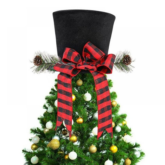 Clearance! Holiday Christmas Tree Topper Xmas Tree Ornaments Decoration Black and White Plaid Top Hat Christmas Treetop With Bow-knot Ribbon