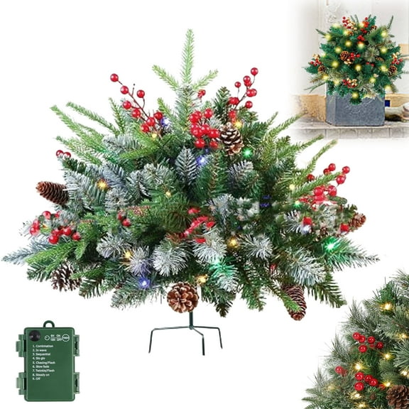 Clearance!Holiday Planter Decorations, 2025 Christmas Holiday Planter Filler, Pre-lit Xmas Pine Trees with Cones, Golden & Red Berries Outdoor Lighted Christmas Decorations