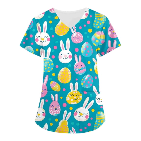 Clearance Holiday Scrubs,Easter Scrub Tops Women Bunny Egg Hunt Print Scrubs Short Sleeve Holiday Working Uniform with Pockets,Blue,M