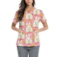 thumbnail image 1 of Clearance Holiday Scrubs，Easter Scrub Tops Women Bunny Egg Hunt Print Short Sleeve V Neck Stretchy Holiday Nurse Working Uniform Scrubs Sets，Pink，L, 1 of 4