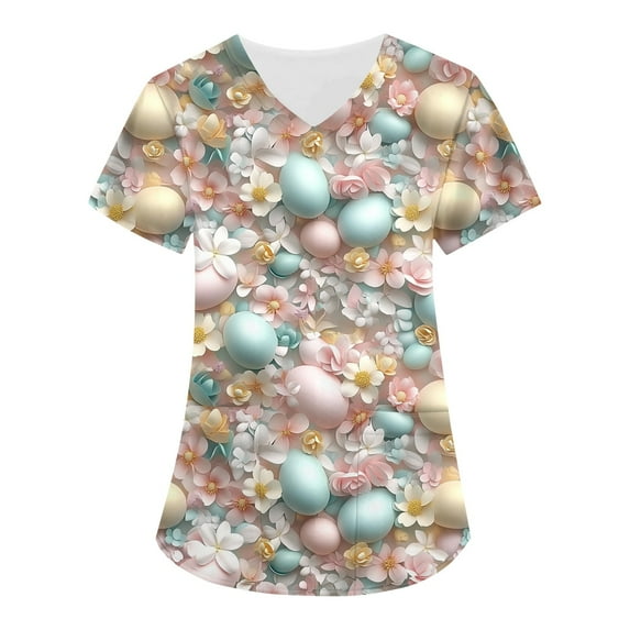 Clearance Holiday Scrubs,Scrubs for Women 2026 Easter Bunny Eggs Print Tops for Women V Neck Stretchy Short Sleeve Nursing Shirts with Pockets,Rose Gold,XXXL