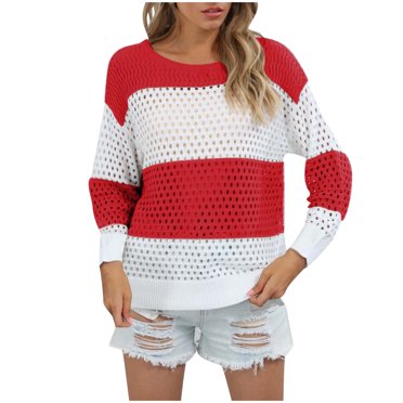 Hollow Out Knit Sweater Women Long Sleeve Round Neck Block Color Patchwork Casual Pullover Knits Tops Y2K Clothes