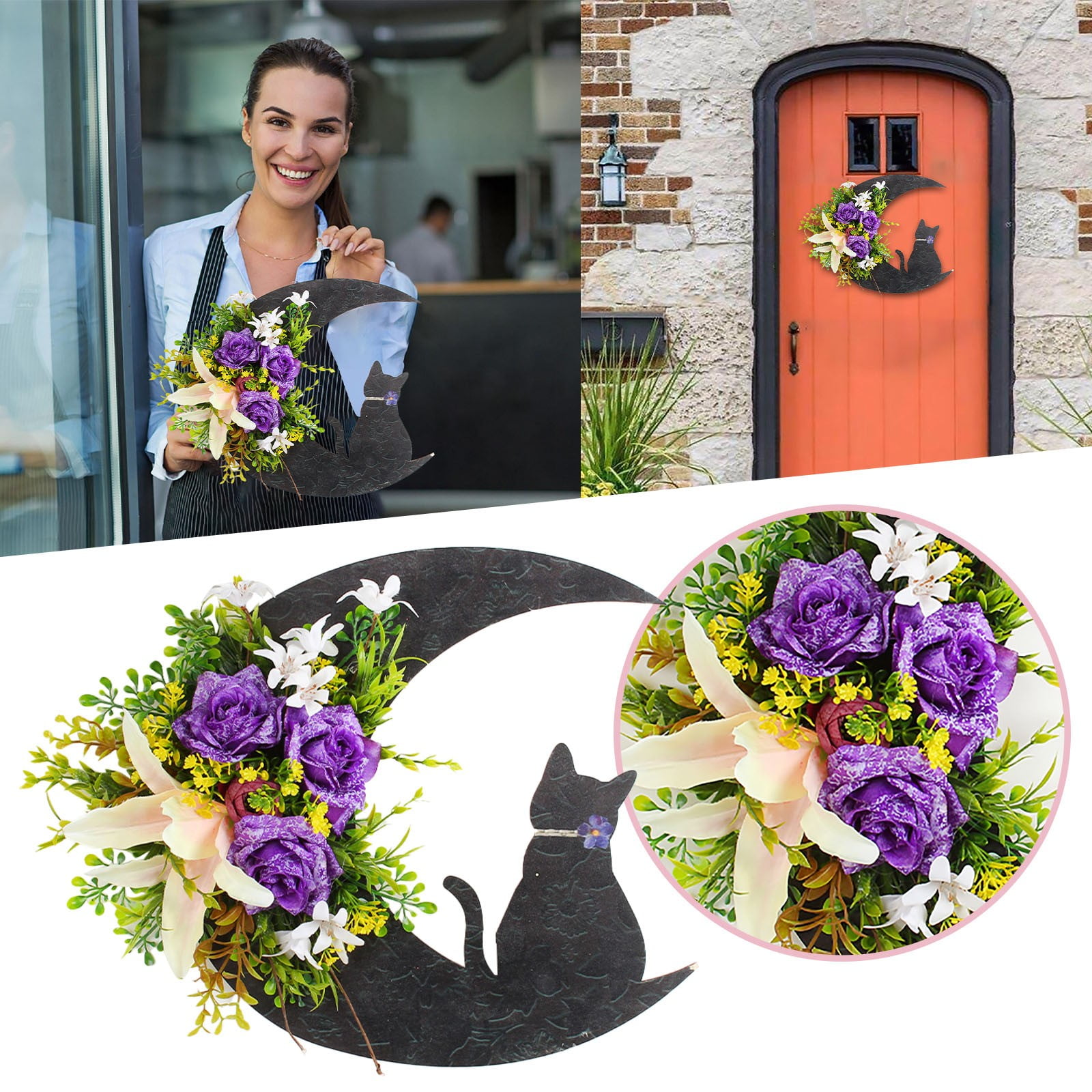 Clearance!Home Brand Moon Wreaths For Front Door Moon Wreath With Cat