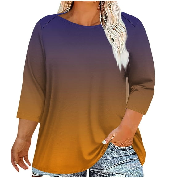 HomeGardon 3/4 Length Sleeve Womens Tops,Plus Size Spring Clothes for Women,Fashion Woman Round Neck Long Sleeve T-Shirt Printing Loose Blouse Sweatshirt,L-XXXXXL