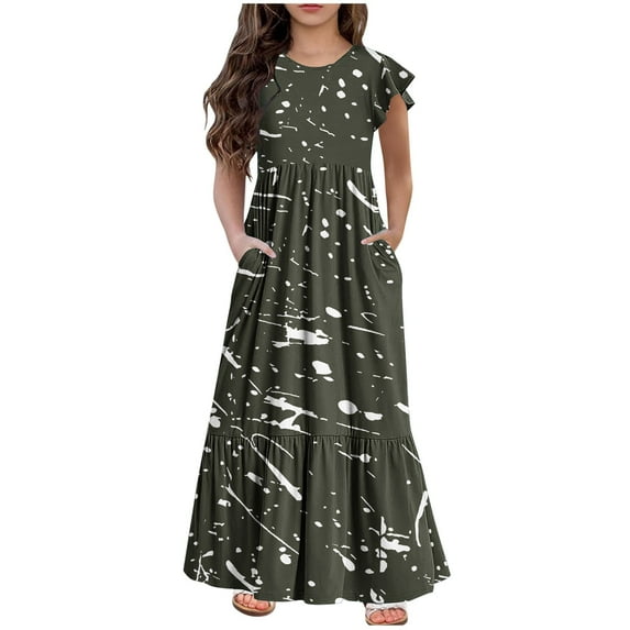 HomeGardon Girls Dress,Dresses for Girl Fashion Girls Summer Short Sleeves Round Neck Solid Color Dress,130-160