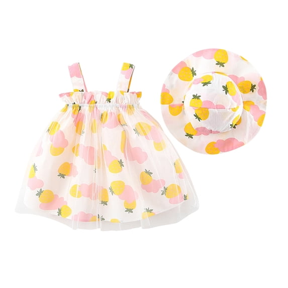 HomeGardon Girls Dress,Dresses for Girl Toddler Baby Girl Summer Fruit Printed Mesh Suspender Dress with Hat,73-100