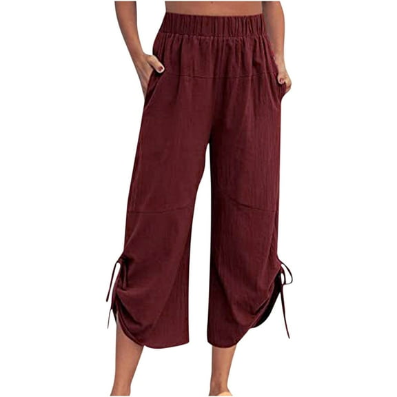 HomeGardon Linen Pants Women,Pants for Women,Solid Color Cotton Linen Loose Drawstring Pocket Cropped Trousers with Pockets Pants,S-XXL