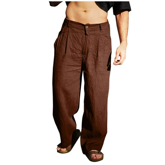 HomeGardon Mens Pants,Linen Pants for Men Men Solid-Color Loose Casual Cotton-Linen Button Zipper Full Length Pants,S-XXXL