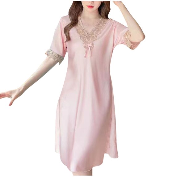 HomeGardon Nightgowns for Women,Women's Sleepwear,Solid Color Lace Patchwork Thin Style Loose Comfortable Short Sleeved Shirt Mid Length Nightgown Skirt,L-XXL