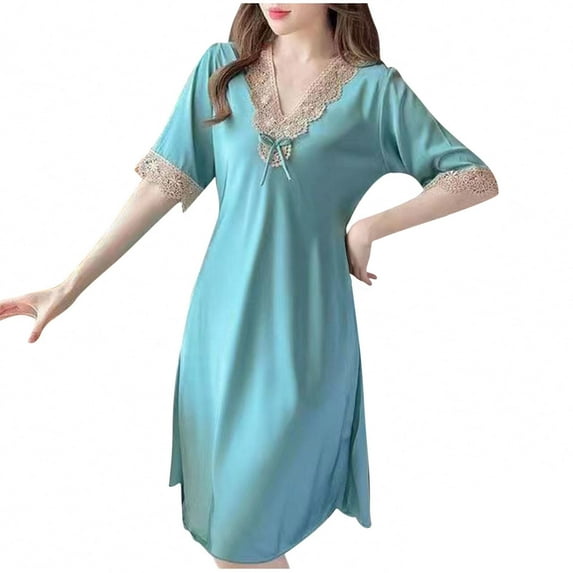 HomeGardon Nightgowns for Women,Women's Sleepwear,Solid Color Lace Patchwork Thin Style Loose Comfortable Short Sleeved Shirt Mid Length Nightgown Skirt,L-XXL