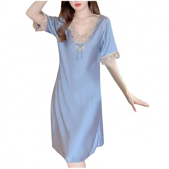 HomeGardon Nightgowns for Women,Women's Sleepwear,Solid Color Lace Patchwork Thin Style Loose Comfortable Short Sleeved Shirt Mid Length Nightgown Skirt,L-XXL