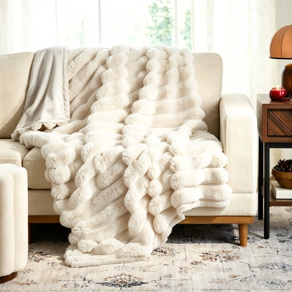 Clearance! Homes & Gardens Cypress Tree Channel Faux Fur Throw (Beige)