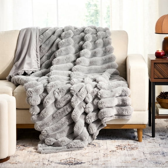 Clearance! Homes & Gardens Cypress Tree Channel Faux Fur Throw (Gray)