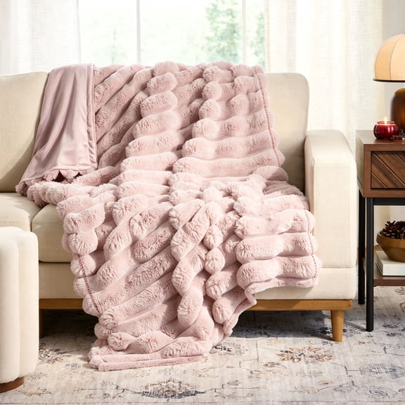 Clearance! Homes & Gardens Cypress Tree Channel Faux Fur Throw (Pink)