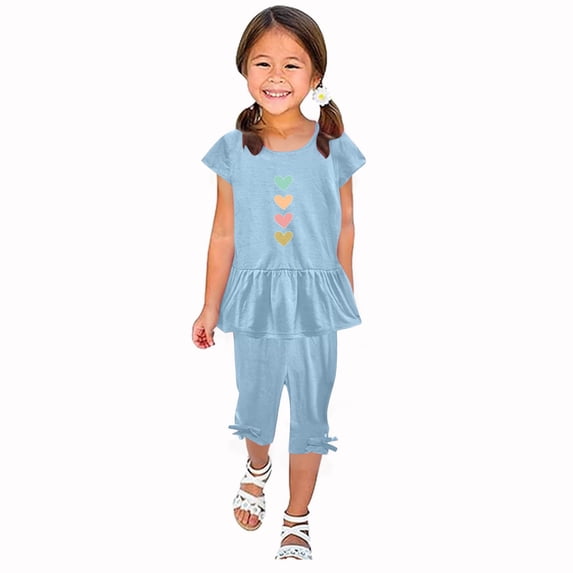 Clearance!Honeeladyy Girl's Summer Round Neck Small Print Short Sleeved Flying Sleeves Elastic Waist Cropped Pants Two-piece Set Gift for Kids(Light Blue,5-6 Years)