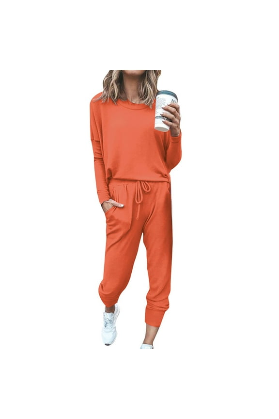 Women's Trousers Suit, 2Pc Women Pure Color Suit Long Sleeve Leisure Pocket Home Sweatpants Sets Orange M