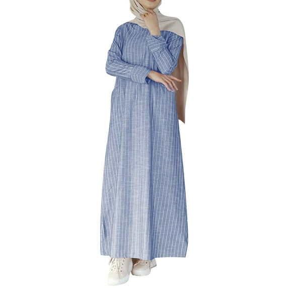 Clearance! Hontri Dresses for Women 2024 Women's Muslim Abaya Dress Prayer Dress Full Length Kaftan with Hijab Dubai Maxi Dress Womens Dresses Blue,L