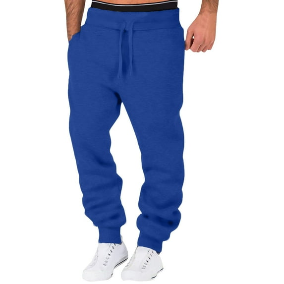 Clearance! Hontri Male Casual Fitness Running Trousers Drawstring Loose Waist Solid Color Pants Pocket Loose Fleece Sweatpants Men's Casual Pants Blue M