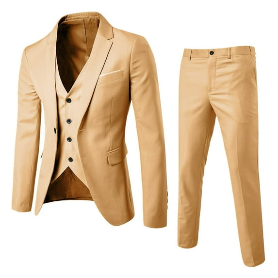 Clearance! Hontri Men’S Suit Slim 3 Piece Suit Business Wedding Party Jacket Vest & Pants Coat Suits for Men Khaki 4Xl