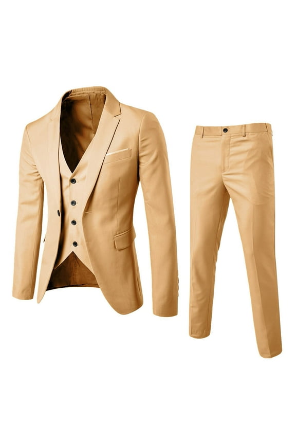 Clearance! Hontri Men’S Suit Slim 3 Piece Suit Business Wedding Party Jacket Vest & Pants Coat Suits for Men Khaki L