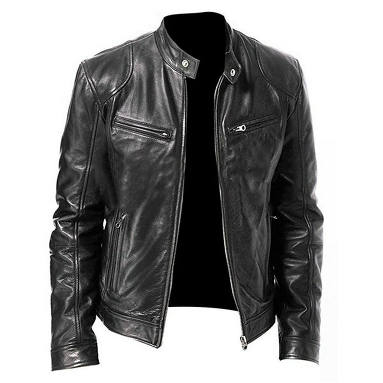 Clearance Hontri Men Vintage Cool Jacket Leather Long Sleeve Autumn Winter Stand Collar Club Coat Men s Jackets Coats Black Xl