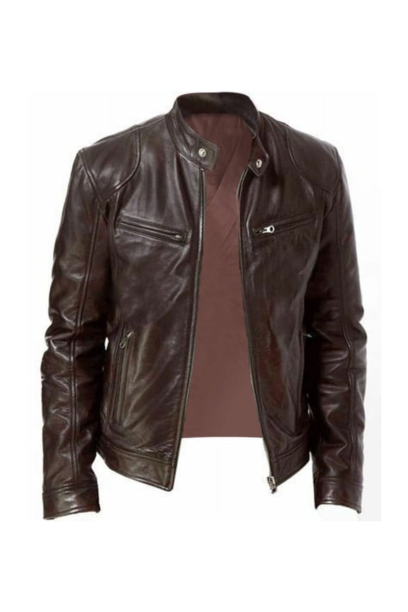 Clearance! Hontri Men Vintage Cool Jacket Leather Long Sleeve Autumn Winter Stand Collar Club Coat Men's Jackets Coats Brown 4Xl