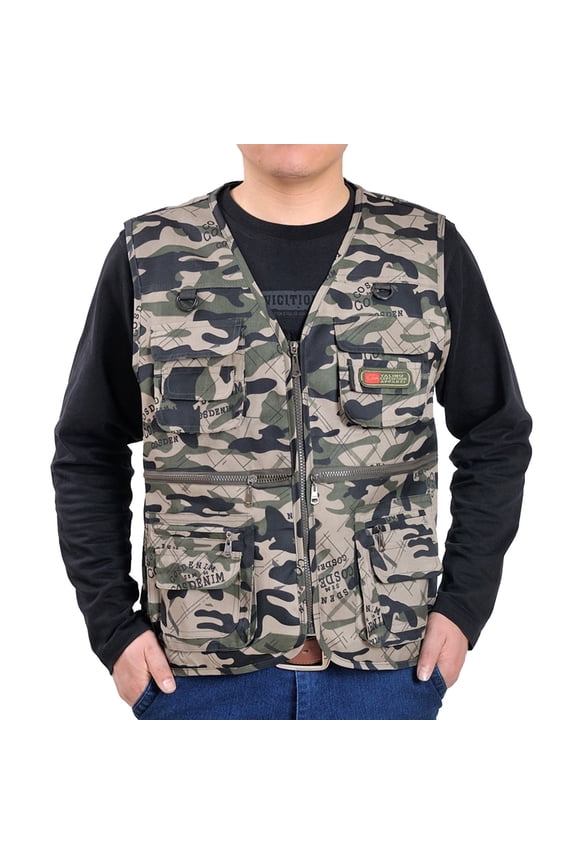 Clearance! Hontri Men's Casual Outdoor Work Fishing Travel Photo Cargo Vest Jacket Multi Pockets Tank Tops Men Khaki 4Xl