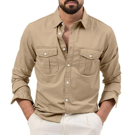 Clearance! Hontri Men's Fashion Spring And Summer Casual Long Sleeved Lapel Solid Color Shirt Shirt Double Pockets Men's Shirt Men Shirts Khaki L