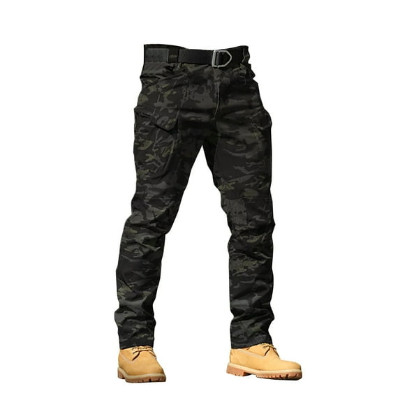 Clearance! Hontri Men's Solid Color Camo Print Outdoor Stretch Overalls with Large Pockets Loose Soft Pants Rainproof Training Pants Cargo Pants for Men Grey M