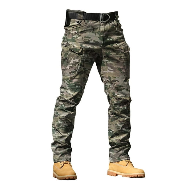 Clearance! Hontri Men's Solid Color Camo Print Outdoor Stretch Overalls with Large Pockets Loose Soft Pants Rainproof Training Pants Cargo Pants for Men Xxl